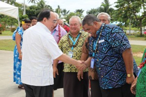 SIDS Conference Secretary-General Mr Wu Hongbo greets Speaker of the Legislative Assembly, Laaulialemalietoa Leuatea Polataivao.