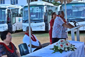 PM Tuilaepa addresses representatives of the 12 schools, community groups, church groups & Government entities about to receive their SIDS buses.