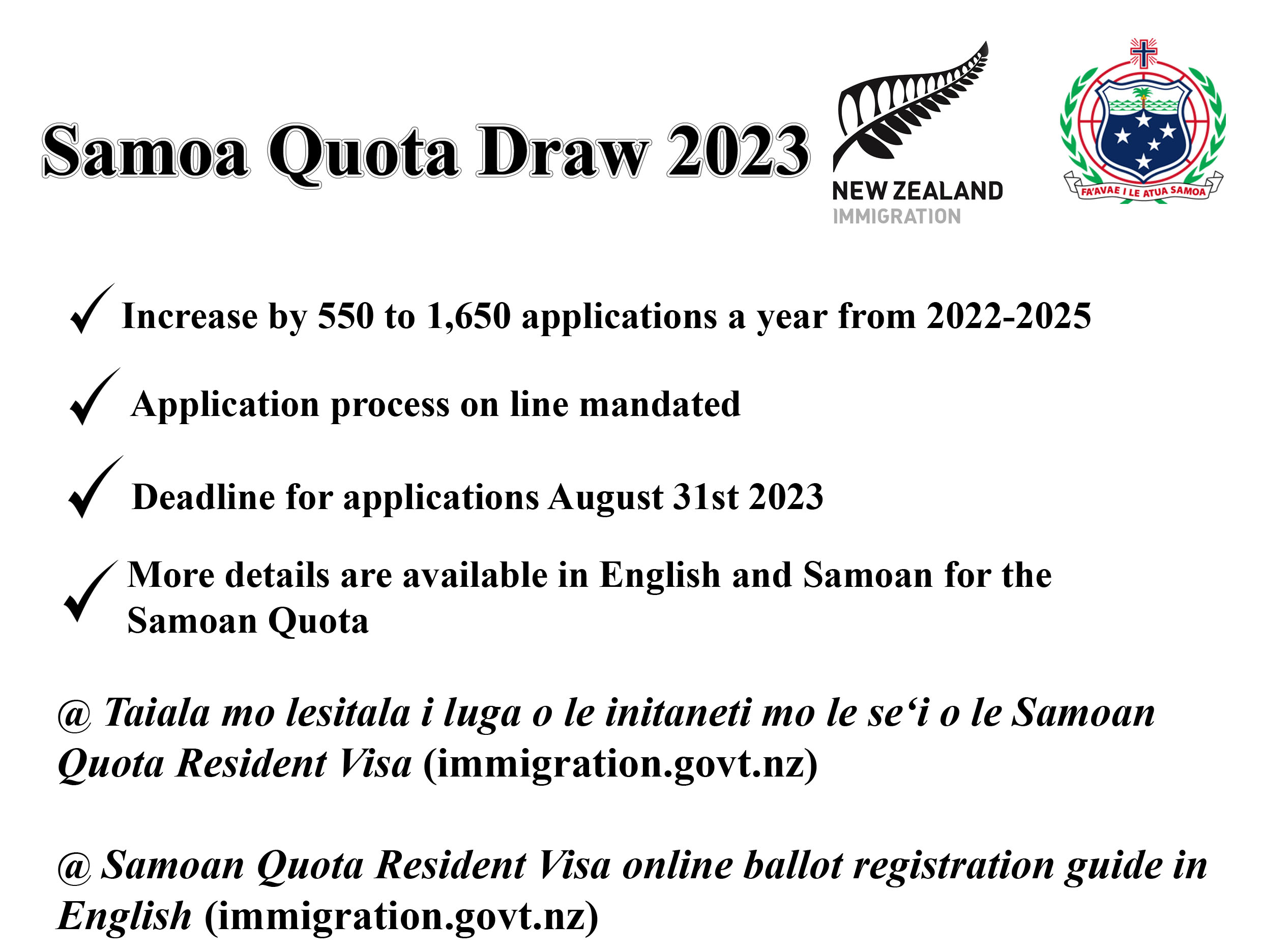 Samoa Quota increase by 550 more & onapplication mandated Government